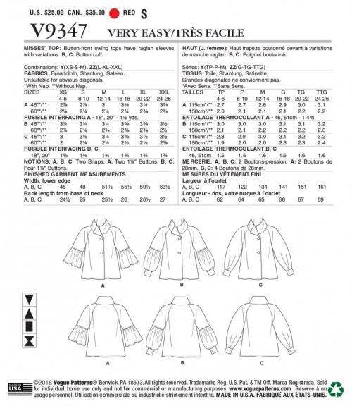 Vogue Sewing Pattern 9347, Tops for Women, Y (XSM-SML-MED) - Easy