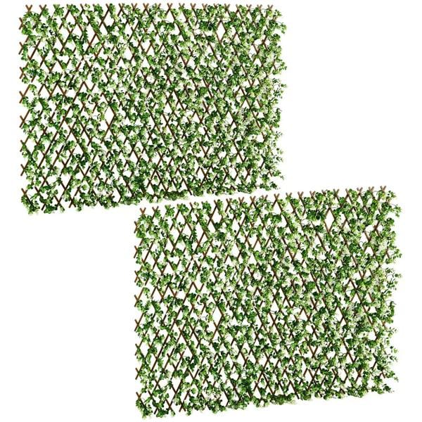 Expandable faux privacy trellis panels with dense green leaf lattice