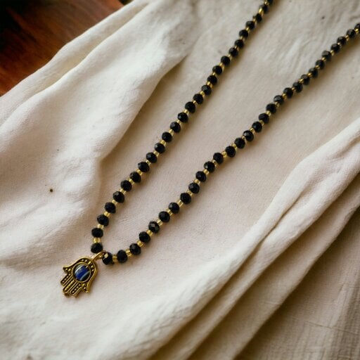 The Colourful Aura Black Crystal Gold Beaded Hamsa Mangalsutra Pendant Elegant Necklace
