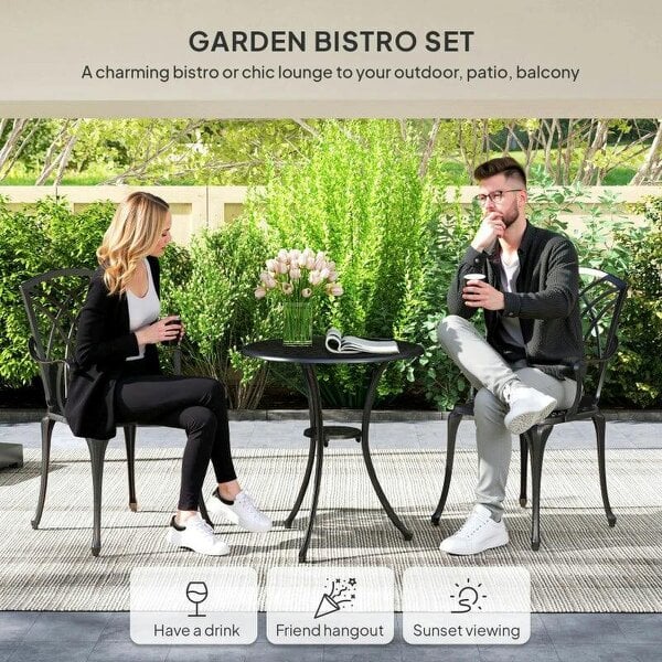 Bobobiy 3 Pieces Garden Dining Set for 2, Cast Aluminium Outdoor Dining Set with 2 Armchairs and Round Dining Table with Parasol Hole, Bronze Tone