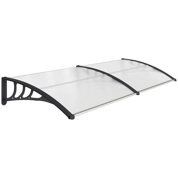 Door canopy awning with clear polycarbonate sheet and black curved support arms