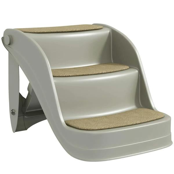 Grey foldable 3-step pet stairs with beige non-slip treads