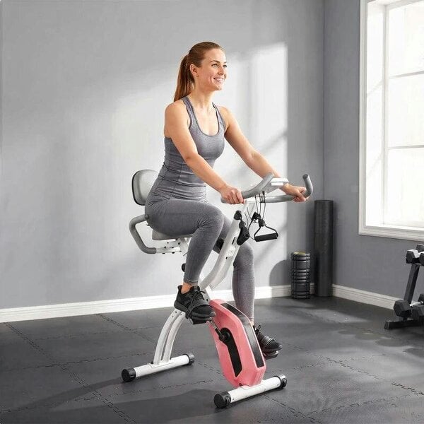 4-In-1 Folding Exercise Bike with Resistance Bands, Bluetooth App, 8-Level Magnetic Resistance, LCD Display, Pink