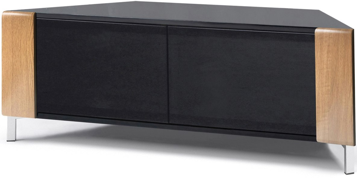 MDA Designs CORVUS Corner-Friendly Gloss Black Contemporary Cabinet with Oak Profiles Black BeamThru Glass Doors for Flat Screen TVs up to 50"