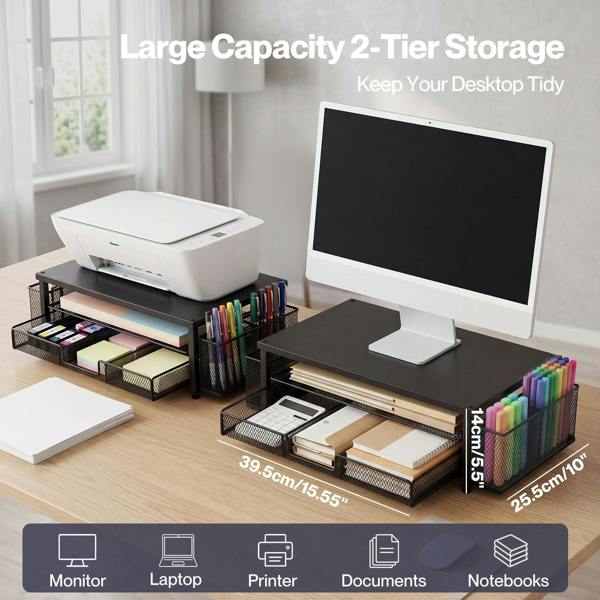 Levede Monitor Riser Desk Organiser with Drawer Metal Monitor Stand Black
