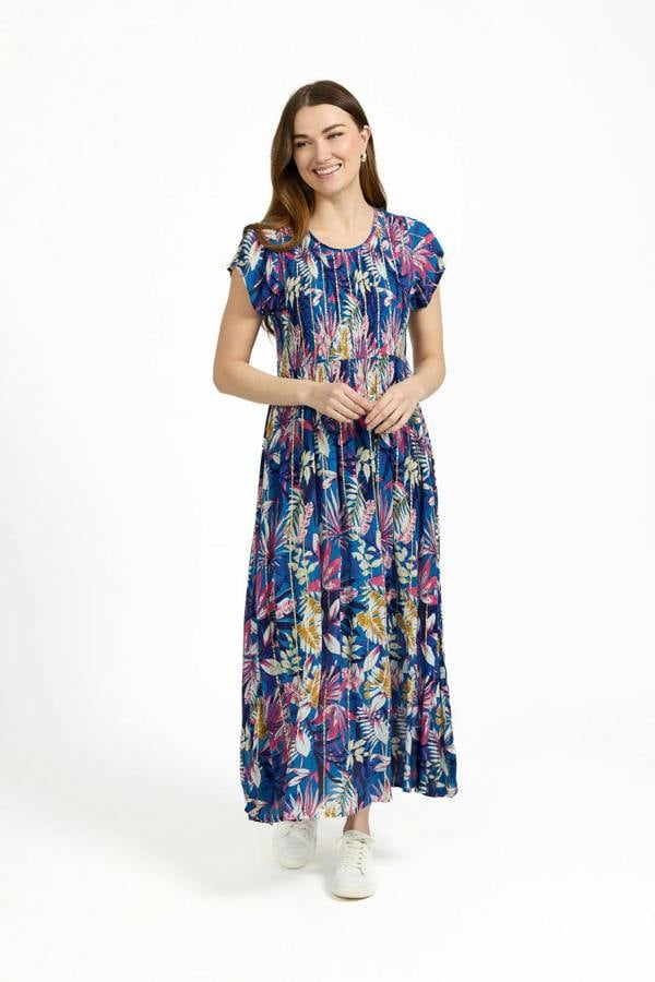 Mudflower Leaf Print Shirred Bodice Midi Dress