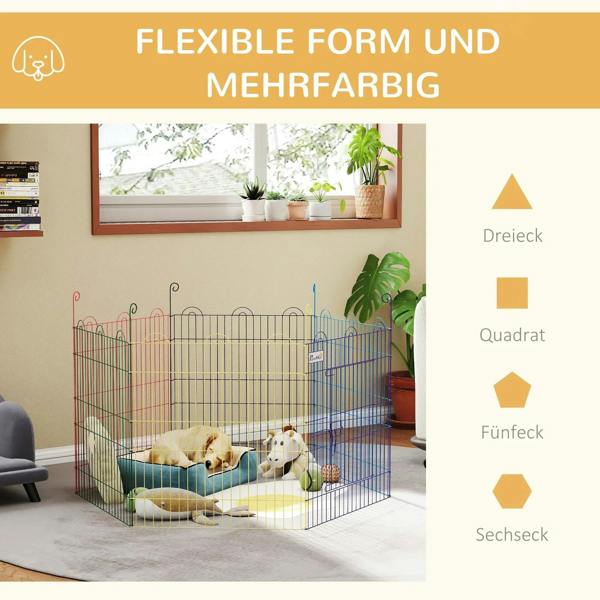 Multi-color metal pet playpen crate with six panels and front door, indoor use