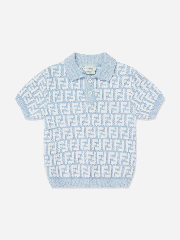 Fendi Kids Fendi Boys FF Logo Knit Polo Shirt in Blue