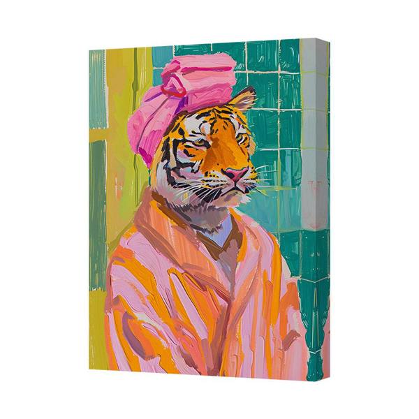 Benjamin Tate Design Vibrant Tiger Portrait On Canvas Wall Art With Pink Robe And Headwrap
