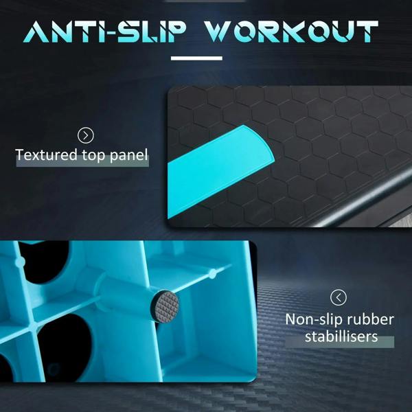 Anti-slip aerobic step platform with textured top and rubber stabilizers on base