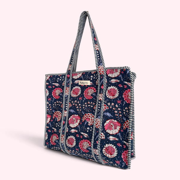Hayley & Co Navy and Pink Flower Quilted Cotton Tote Bag