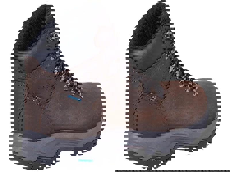 Karrimor Mendip 4 Mens Walking Hiking Lace Up Trek Leather Boots, rugged brown leather hiking boots with black padded collar, metal eyelets, and a durable rubber sole suitable for outdoor trekking.