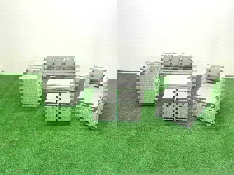 Fimous Rattan Garden Furniture Set 8 Seater Outdoor Garden Sofa Oblong Coffee Table Set with 2 Chairs 3 Stools Side Table Light Grey Mixed