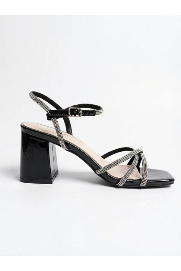 Willow Rhinestone Block Heel Sandals - Black