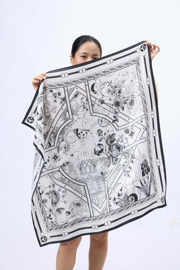 Monochrome Nautical Twill Silk Scarf – Printed Mulberry Silk, Hand-Rolled Hem