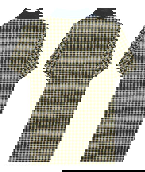 Lambretta Mens Check Classic Mod Ska Casual Smart Polo shirt, front view of the men's checked polo with a navy collar and beige and black checkered pattern.