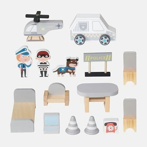 HYGRAD® Wooden Police Station Playset for Kids – Multilevel Pretend Play Toy Dollhouse, 3-Level with Figures, Car, Helicopter Pad, Prison Cell
