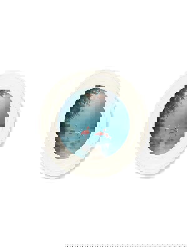 Exceptional Art Misty Lake Flamingos - Oxford Strong White Round Frame