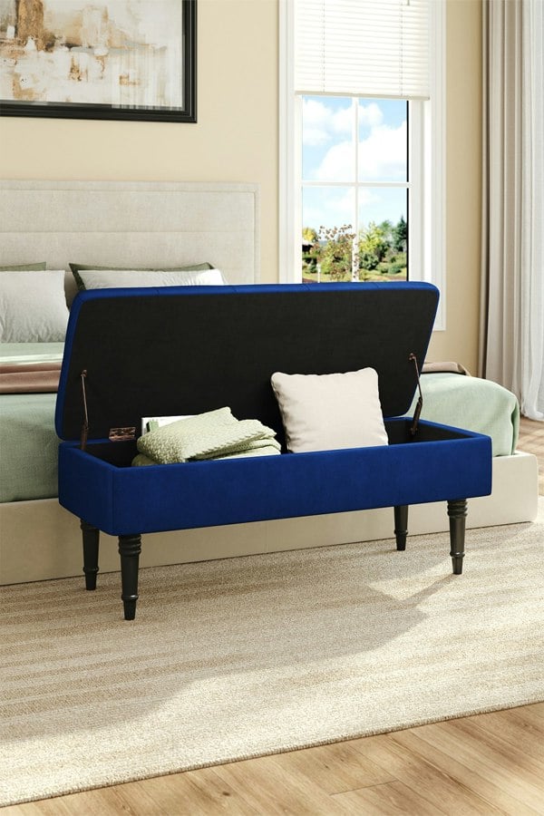 Living and Home Blue Buttoned Tufted Velvet Storage Ottoman Bench with Rubberwood Legs Luxury Bed End Stool