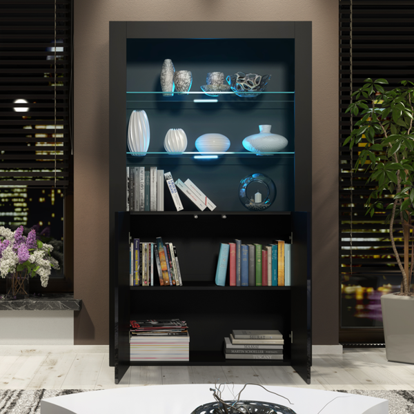 Mex Furniture Premium 170cm Cabinet Sideboard Black High Gloss Doors Display Unit & Free LED Lights