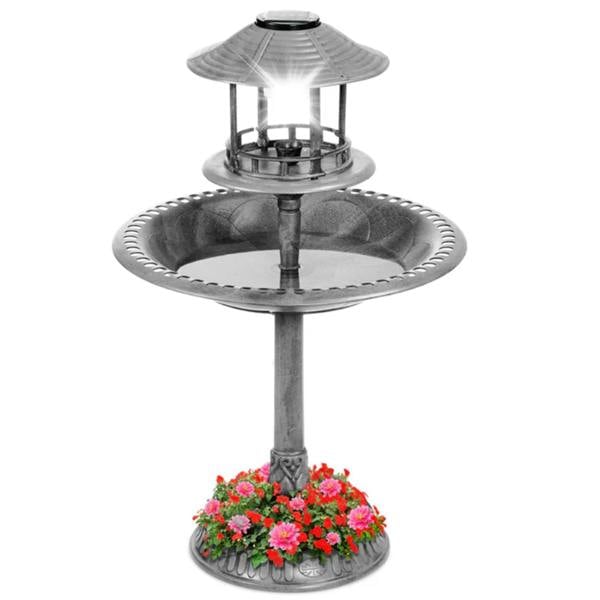 Gr8 Garden Grey Pedestal Bird Bath Feeder Planter Solar Light Garden Feeding Table Station
