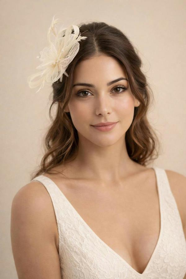 SVNX Crystal Feather Blossom Fascinator & Brooch in Cream