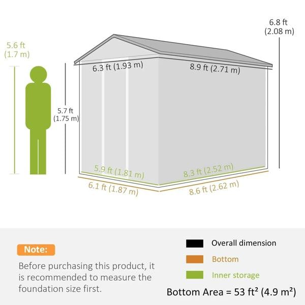 Green metal outdoor shed with sloped roof, dimensions layout diagram for footprint