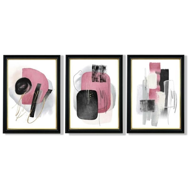 Set of 3 Abstract Black and Pink Watercolour Framed Art Prints with Vermeer Black and Gold Frames