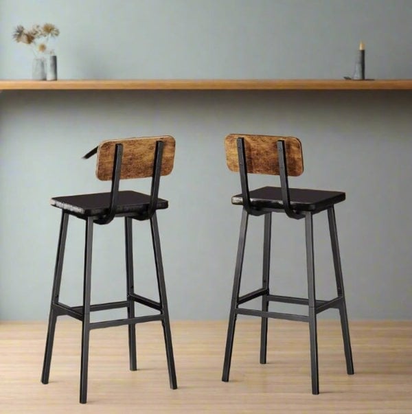 Modcraft Set of 2 Industrial PU Upholstered Bar Stools – Breakfast Bar Chairs with Backrest
