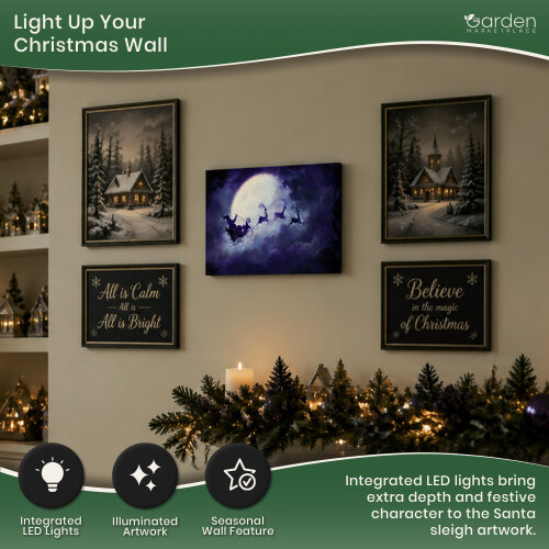 Christmas Santa Sleigh Canvas Print with LED Lights, 40 x 30cm, Stretched Wooden Frame, Battery Powered, Indoor Decoration