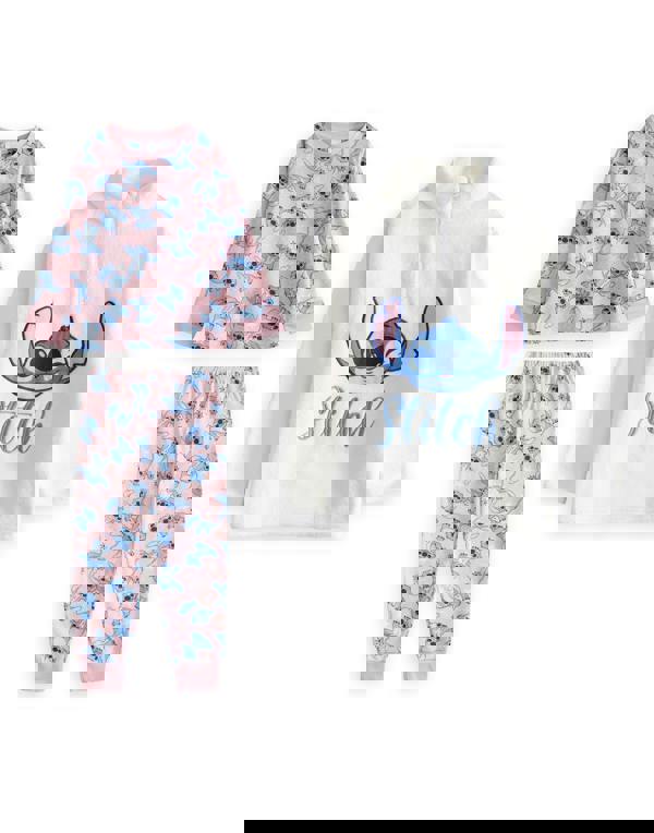 Lilo & Stitch Girls Pink Character Long Sleeve Long Leg Pyjama and Jumper 3 Piece Set