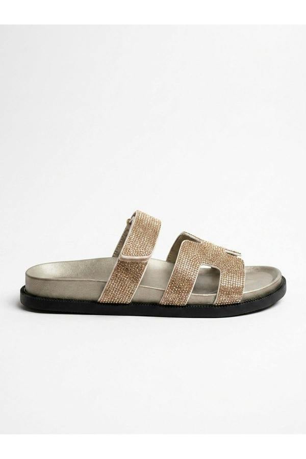 Pearl Rhinestone Embellished Double Strap Sandals | colour:GOLD