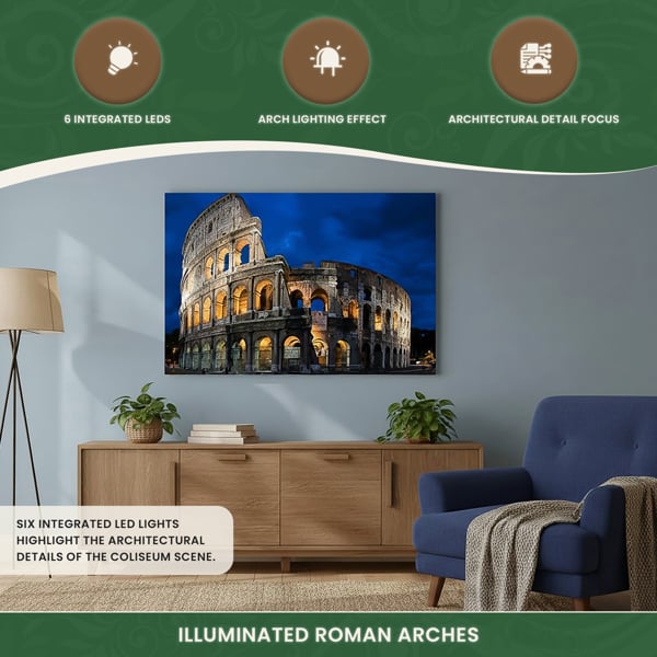 Roman Coliseum Print LED Canvas, 60 x 40 cm, Stretched Wooden Frame, 6 LED Lights in the Arches, Battery Powered with Switch