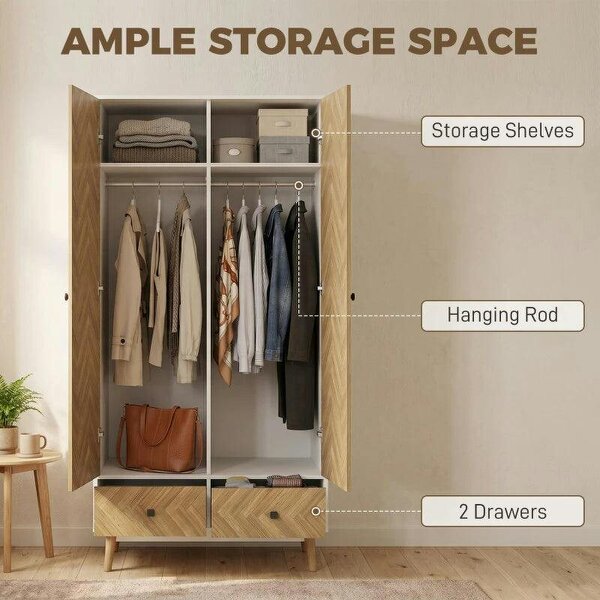 Cabinet Wood-Effect Sticker Surface, Modern Wardrobe with 2 Hanging Rods, 2 Storage Shelves and 2 Drawers, White