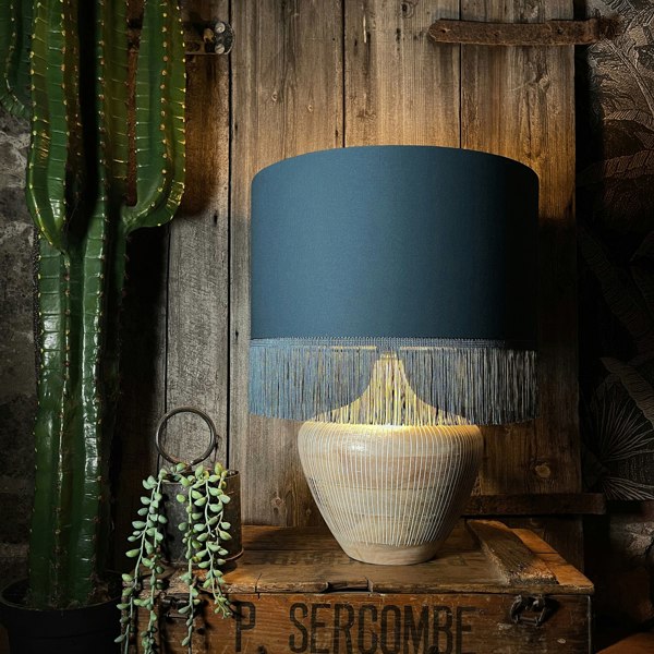 Love Frankie petrol cotton lampshade gold lining fringing lamp