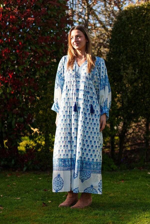 AMELIA FLOATY SLEEVE WOODBLOCK PRINTED COTTON VOILE DRESS