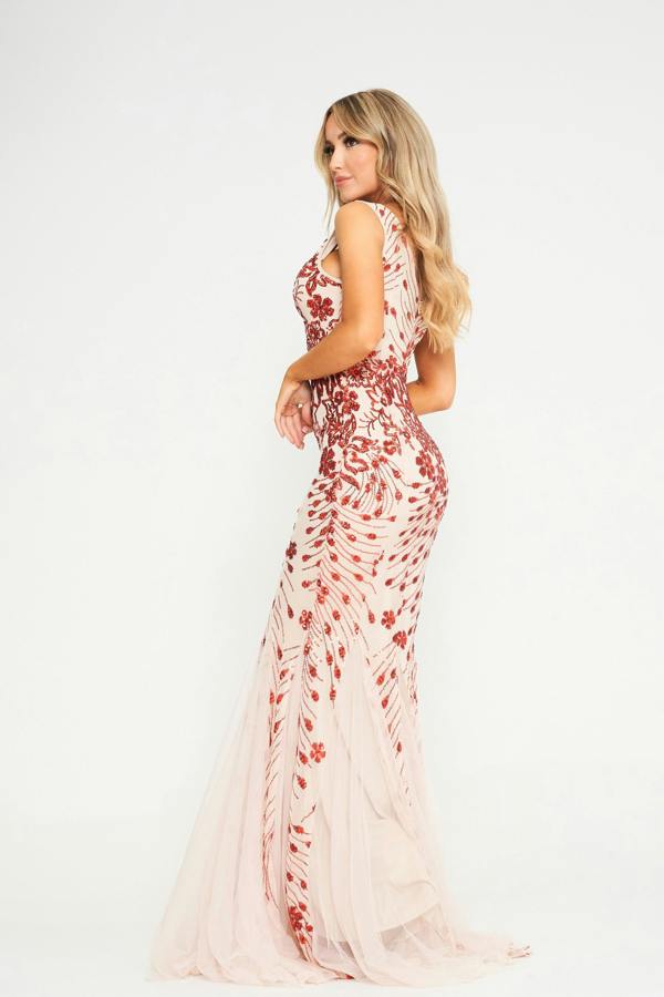 LuvForever Vesta - Red Mesh Sequin Maxi Dress