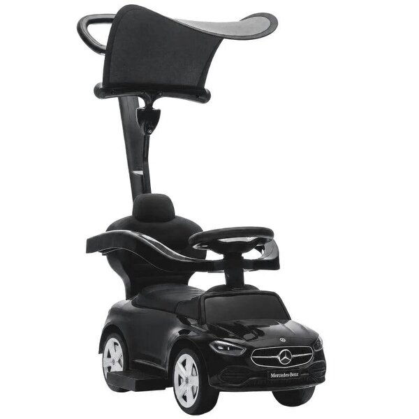 4 in 1 Licensed Benz Ride on Push Car with Handle, Canopy, Guardrails, Horn, Music, Storage for 12-36 Months, Black