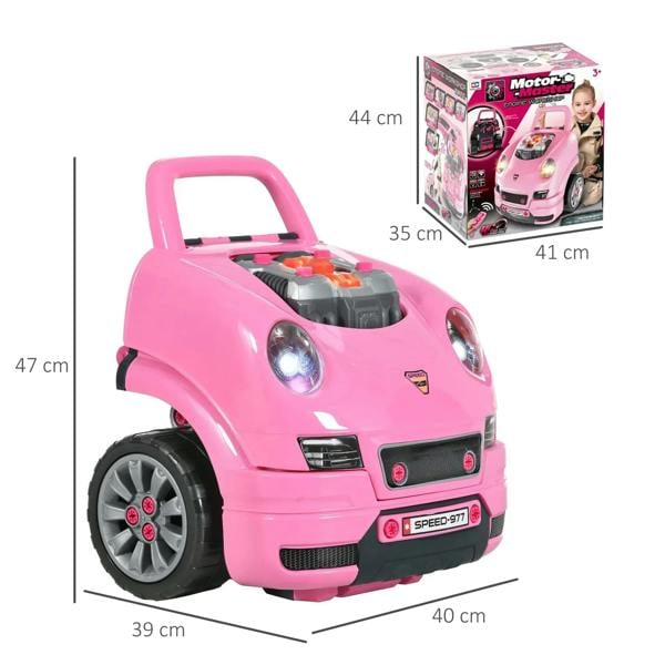 Pink toy truck car, side view with open hood and front wheel detail; size markings shown.
