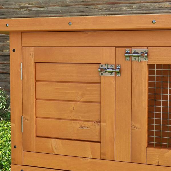 Wooden hutch door panel with metal hinges and latch, with wire mesh side opening