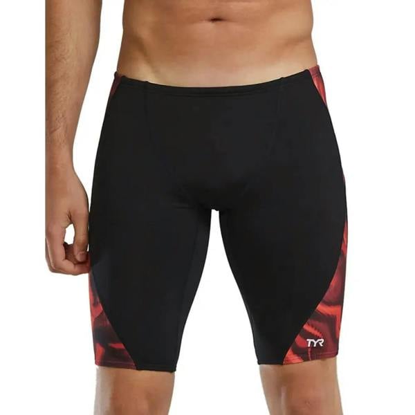 Red TYR Waveform Durafast Elite swim jammer with black geometric pattern
