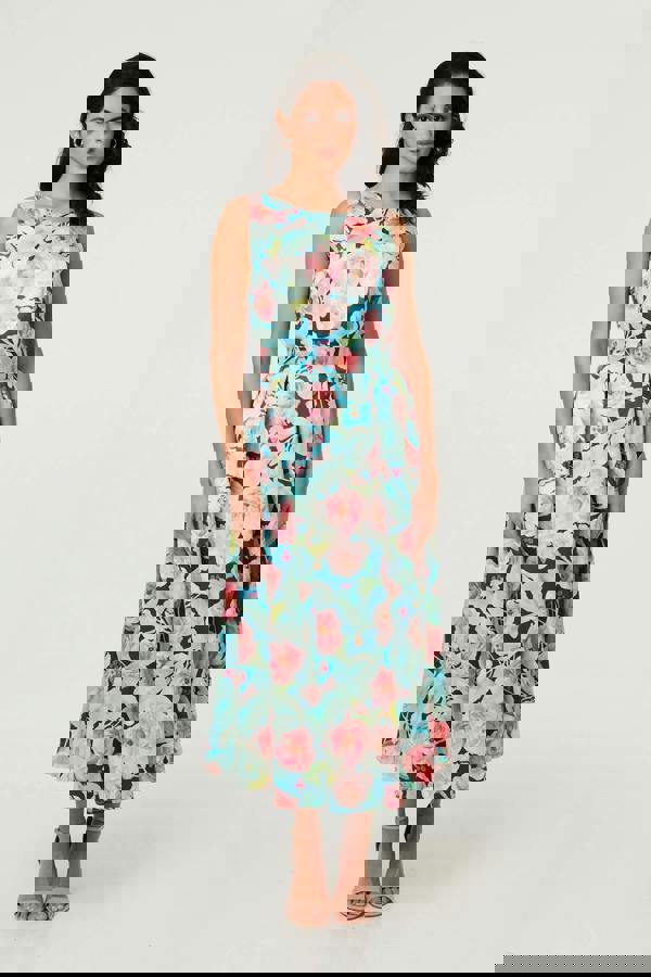 Blue | Floral Sleeveless Pleat Front Midi Dress