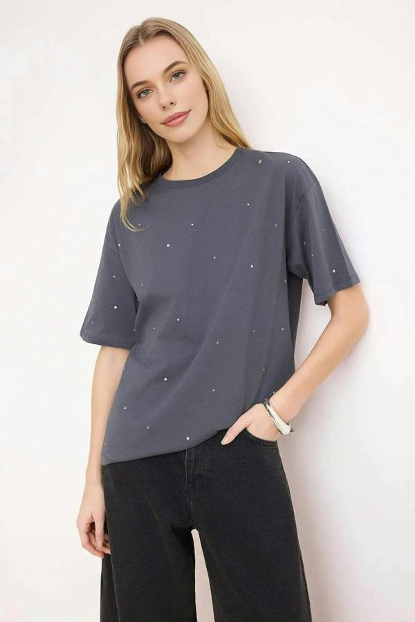 WOVCOR 100% Cotton Stone Detail Crew Neck Knitted T-Shirt