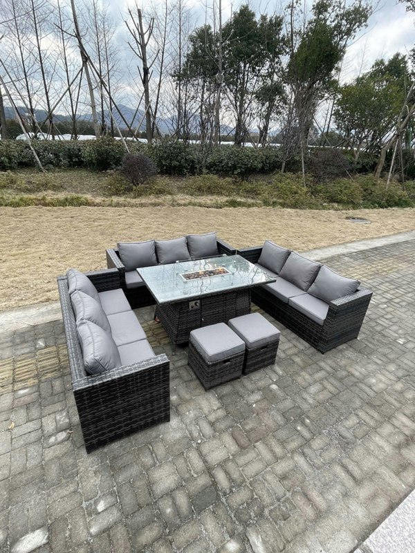 Fimous Rattan Outdoor Garden Furniture Set with Gas Firepit Dining Table, 3 Sofas, 2 Foot Stools - 11 Seater - Dark Grey