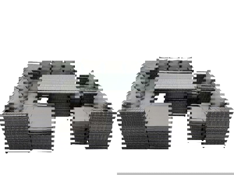 Fimous 11 Seater Rattan Garden Furniture Set with Corner Sofa, Height Adjustable Rising Table, 2 Chairs, Side Table & 3 Footstools - Dark Grey