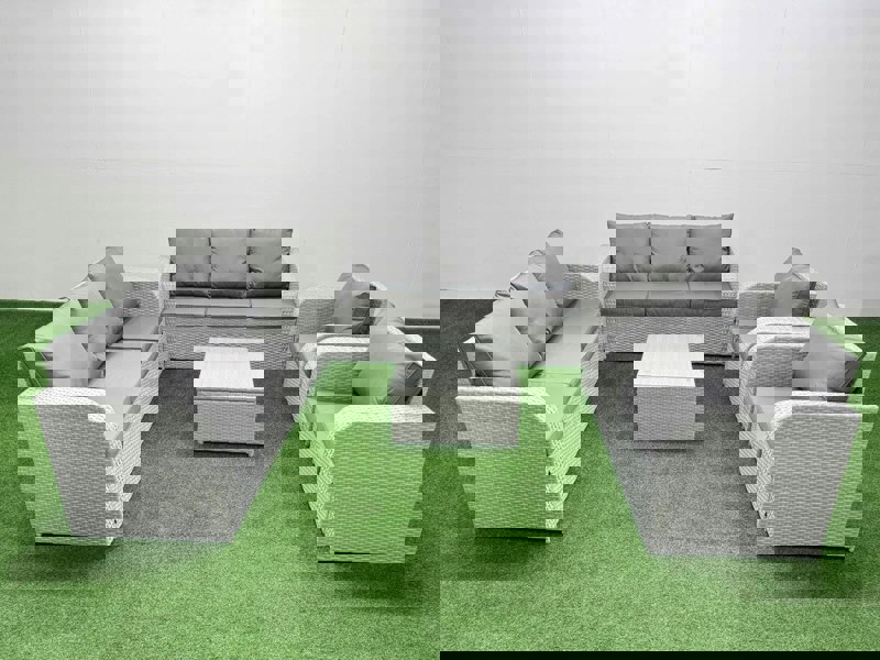 Fimous PE Rattan High Back Lounge Sofa Set Patio Square Coffee Table & Chairs Set with 3 Seater Sofa Reclining Chair Light Grey