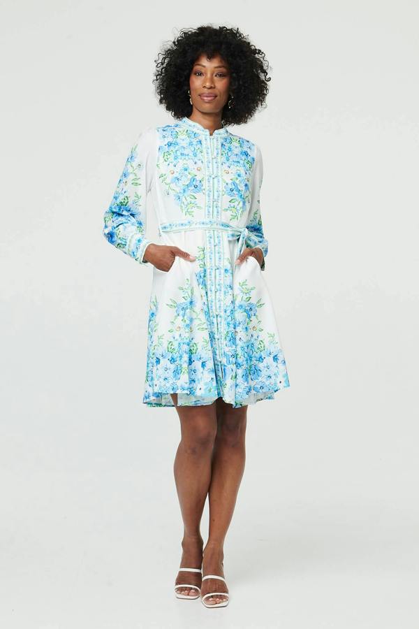 White | Floral Border Print Tie Short Dress