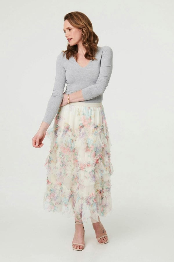 Cream | Floral Semi Sheer Mesh Ruffled Midi Dress
