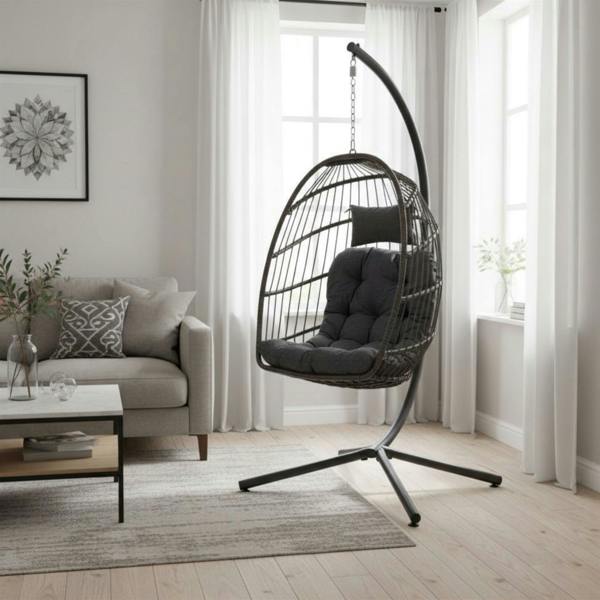 Samuel Alexander Grey Rattan Hanging Egg Chair with Stand & Cushions for Indoor Use