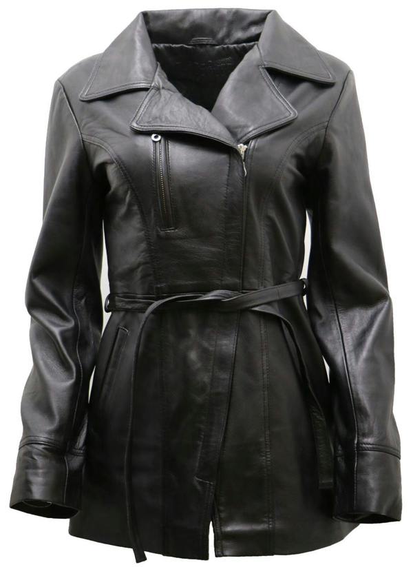 Womens Md Length Leather Biker Jacket-Okehampton - Upperclass Fashions 